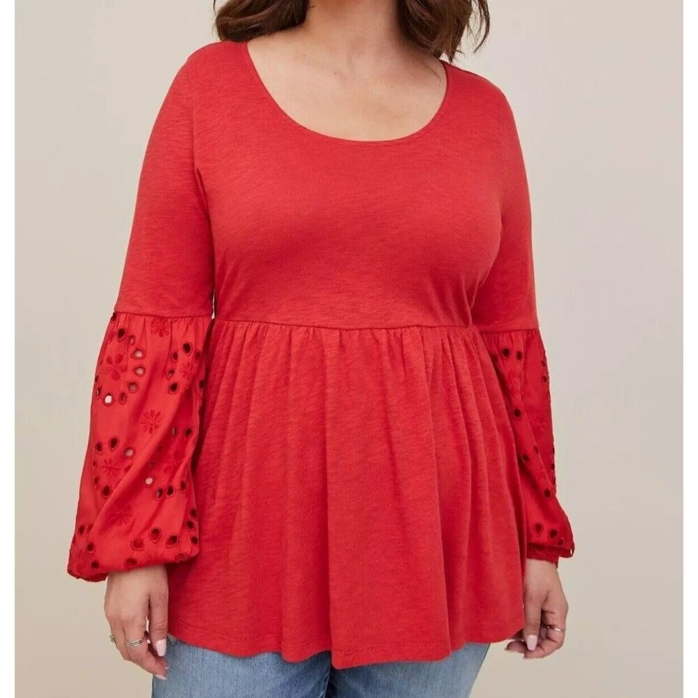 NEW $45‎ Torrid Plus 2X Red Scoop Neck Babydoll Top With Eyelet Sleeves Shirt